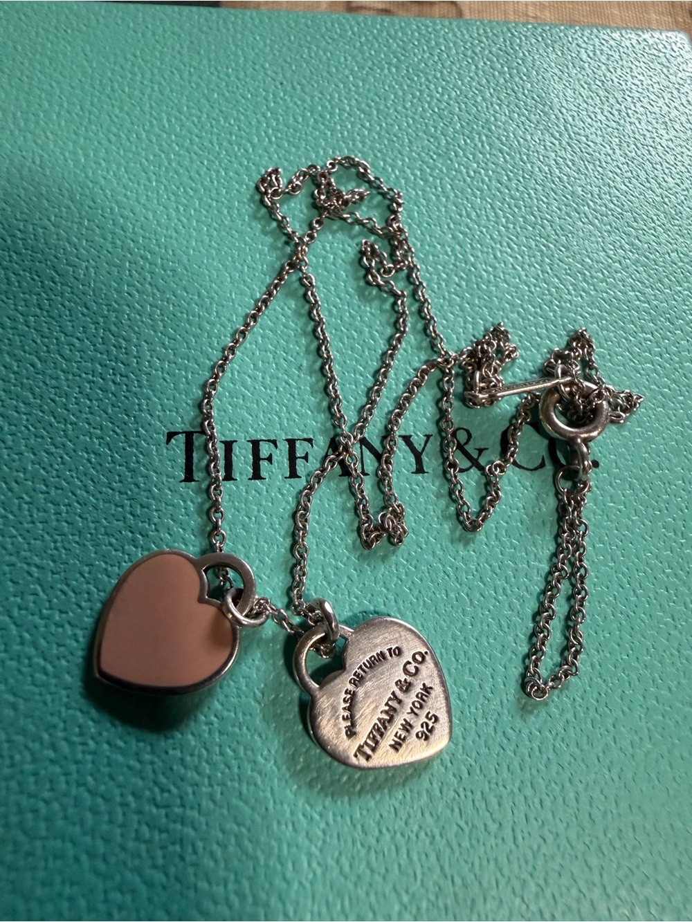 Tiffany & Co. Sterling Silver Double Heart Necklace with Soft  Pink Enamel